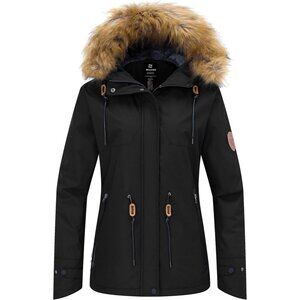 Women's Waterproof Black Snow Ski Jacket Hooded Coat Snowboarding Fleece